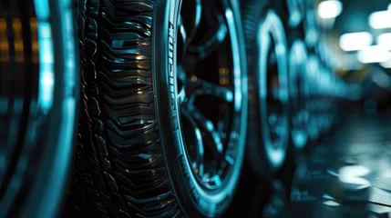 Fotobehang Futuristic Car Tires Display, sleek, close-up view of futuristic car tires in a showroom, highlighting innovative tread design and lighting © Viktorikus