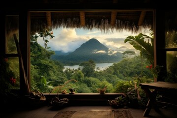 Obraz premium Panoramic Scenery view from inside hut. Nature landscape view from vacation lodge. Generate ai