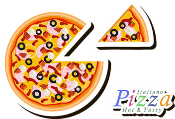 Illustration on theme big hot tasty pizza to pizzeria menu