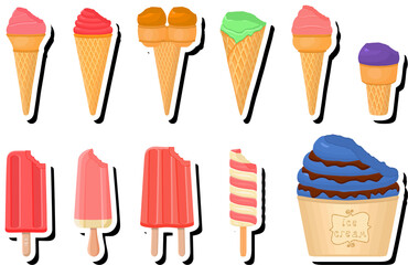 Illustration on theme big kit ice cream popsicle different types in cone waffle cup