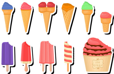 Illustration on theme big kit ice cream popsicle different types in cone waffle cup