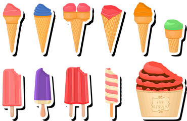 Illustration on theme big kit ice cream popsicle different types in cone waffle cup