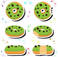 Illustration on theme big set different types sticky donuts, sweet doughnuts various size
