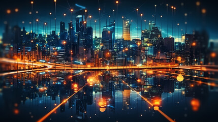 Fototapeta premium Futuristic cityscape skyscrapers illuminated by digital technology and neon lights