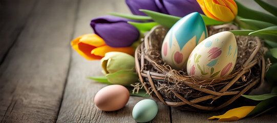 Long banner with easter eggs painted floral pattern in bird nest and colorful tulips on wooden table, place for text on the left. Greeting card for Easter holidays. Spring time.