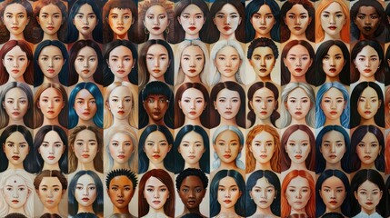 A mosaic of diverse female faces in a realistic painting.