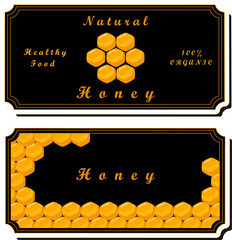 Fototapeta na wymiar Illustration on theme for label of sugary flowing down honey in honeycomb with bee