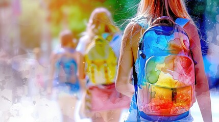 A young person with a world map backpack in a crowd.