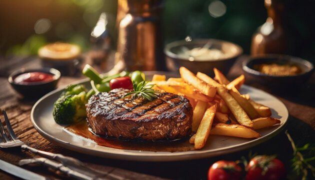 grilled beef steak with french fries and vegetables on a dark background