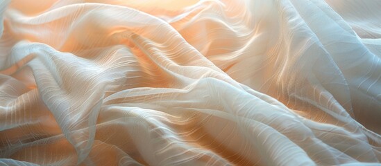 A close up of a white cloth on a bed, revealing intricate details through macro photography. The soft texture resembles peach fur, with wisps of smoke in the background