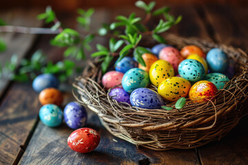 Colorful painted pockmarked many small easter eggs in wicker basket like bird nest on wooden table, green plant branch on background. Greeting card for Easter holidays.