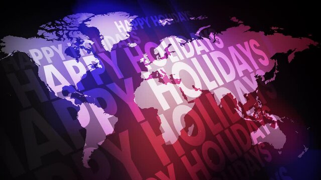 Happy holidays text on world map backdrop spreading cheer and tradition globally with festive season symbol