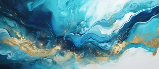 A detailed closeup of a swirling blue and gold marble painting resembling a fluid water landscape...
