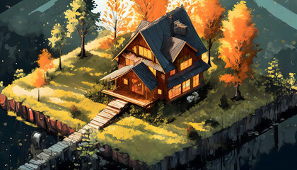 Abstract exploding photon Isometric view of country house in the woods on digital art concept, Generative AI.