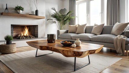Fototapeta premium Scandinavian Living Room: Wood Slab Coffee Table, Sofa with Beige Pillows, Fireplace, White Wall with Copy Space