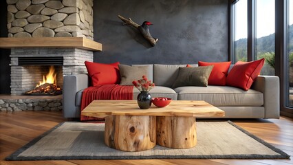 Japandi Living Room: Wood Log Coffee Table, Rustic Sofa with Red Cushion, Modern Fireplace, and Black Stucco Wall