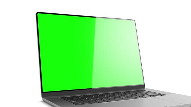 Laptop frameless screen - computer dynamic rotation with opening the display. The video includes a green screen, a luma matte mask, and a screen tracking layer. 60fps 4k UHD video