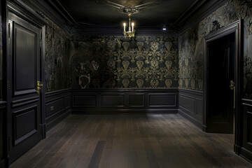 Dark interior room with baroque wallpaper.