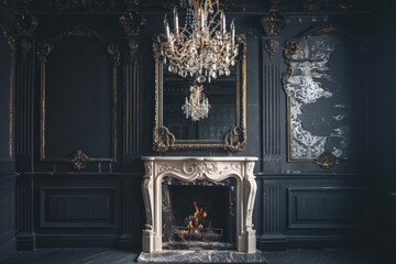Decorative fireplace, vintage mirror and chandelier in classical black room interior. - obrazy, fototapety, plakaty