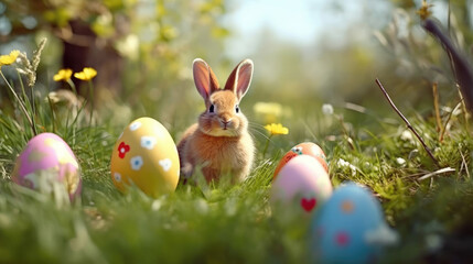 Fototapeta na wymiar Sunny Spring Day, Close-Up of Easter Bunny with Colorful Eggs in Grass
