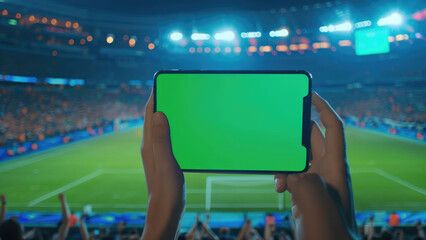 Soccer pitch scene framed by hand holding smartphone, designed for clipping path
