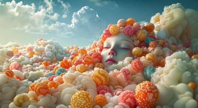 Colorful sweets floating in a dreamy sky, fantasy landscape