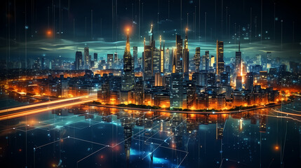 Fototapeta na wymiar Futuristic cityscape skyscrapers illuminated by digital technology and neon lights