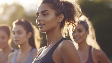 Fototapeta premium Sun-Drenched Exercise, Close-Up of Women in Park Doing Workout Routine