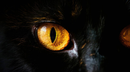 Orange cat eyes glow in the dark on a black backgroun