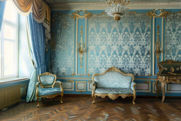Retro vintage room with pattern in rococo style. Interior wallpaper. Rich Classic royal old home.