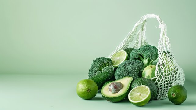 A white net bag filled with broccoli, avocados and limes, photo for an Instagram post, aesthetic, pastel green colors, white background, in the style of pastel green colors.