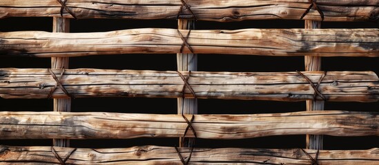 A detailed shot of a hardwood plank fence against a dark backdrop, showcasing the intricate pattern of the wood grain and metal hardware