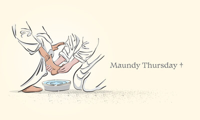 Line art illustration of Jesus Christ washing of the feet on Maundy Thursday, Good or Holy Thursday