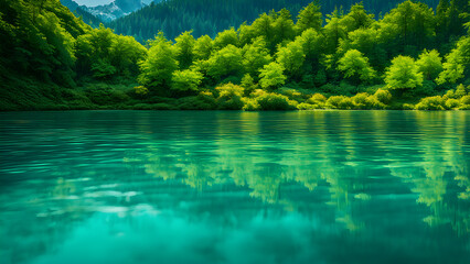 Beautiful lake view in summer, forest with lush trees and mountains with green trees in the distance

