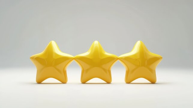 A set of three golden stars isolated. 3 3D yellow stars on white background. cute and simple rating pentagons in minimal style. AI Generated.