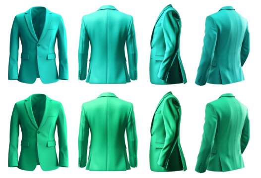 2 Set of turquoise blue green, front back side view, business collar suit blazer jacket coat on transparent background cutout, PNG file. Mockup template for artwork graphic design