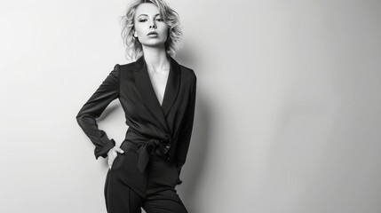 Monochrome Elegance: Woman in Chic Suit, sophisticated black and white image of a woman in a stylish suit, exuding confidence and modern elegance with a timeless fashion statement