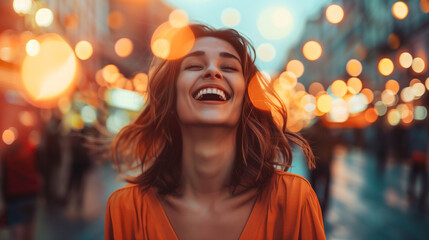 Joyful Woman Laughing in Evening City Lights