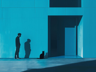Obraz premium Man and Cat in Blue Urban Shadows