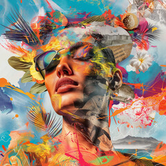 Abstract Portrait of Woman with Vibrant Color Splashes and Butterfly