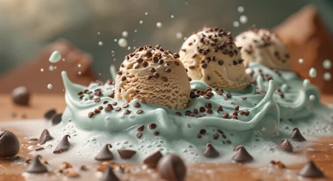 Avalanche of mint ice cream sliding down chocolate chip mountains