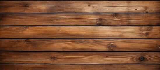 Fototapeta premium Closeup shot of a brown hardwood plank wall with a blurred background. The wood stain highlights the rectangle pattern of the flooring