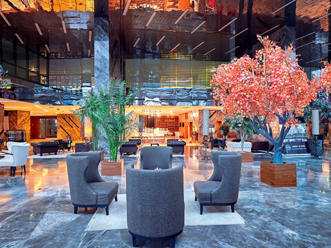 Turkey, Istanbul, November, 22, 2023: Contemporary interiors with comfortable soft furnishings, reflective dark ceilings and living landscaping in the Pullman Istanbul Hotel lobby, Turkey.