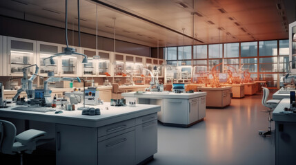 Modern Science Laboratory Interior with Research Desks and Analytic