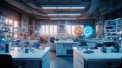 Modern Science Laboratory Interior with Research Desks and Analytic