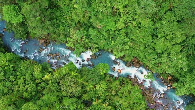 Aerial look down on blue tropical river flowing through green forest, Rio Celeste in Costa Rica