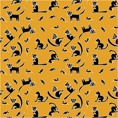 A set of designs of primitive children's drawings of Cats, mice, fish. Seamless pattern on an orange background. Creative collection of abstract art for kids or holiday design. Simple children's drawi