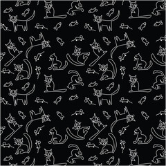 A set of designs of primitive children's drawings of Cats, mice, fish. Seamless pattern on a black background. Creative collection of abstract art for kids or holiday design. Simple children's drawing
