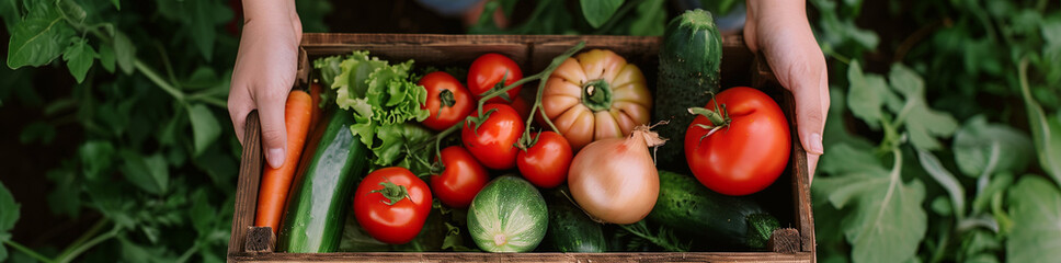 Hands holding a wooden box filled with fresh vegetables, showcasing the bountiful harvest of a garden or farm.