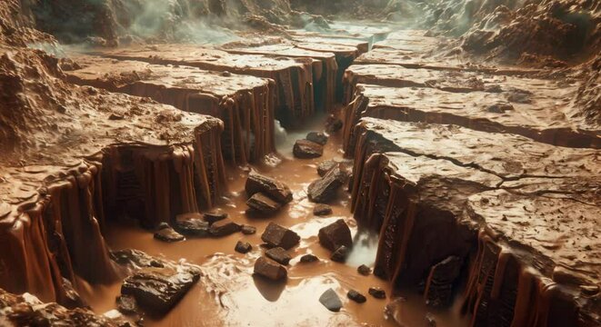 Earthquake causing a crack that divides a chocolate and vanilla landscape